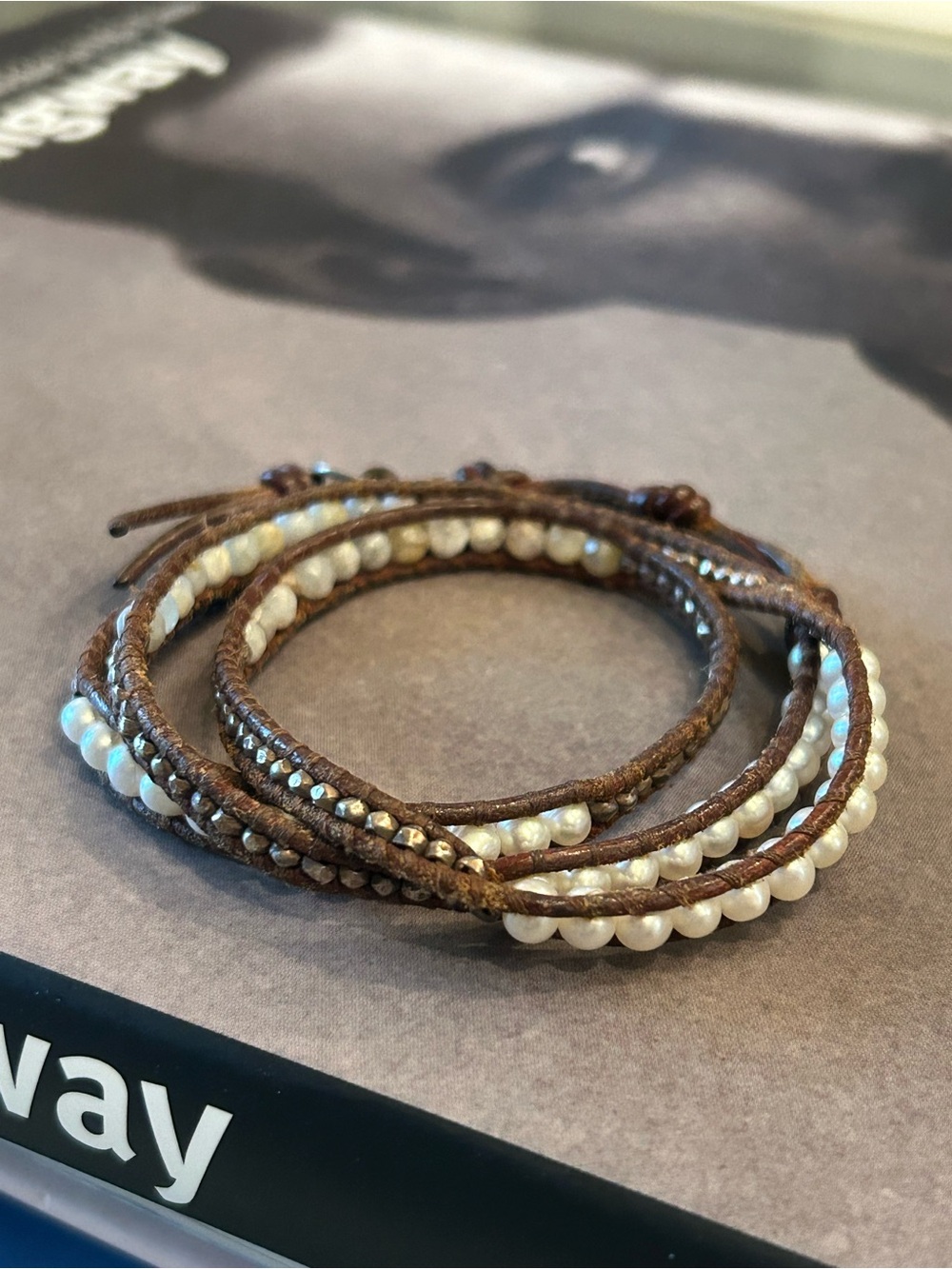 Chan Luu Brown Leather Wrap Bracelet with Agate & Pearl